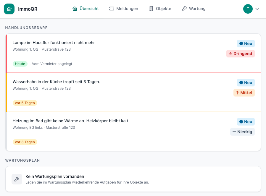 ImmoQR Dashboard-Vorschau, zentrale Schadensmeldungsübersicht für Vermieter