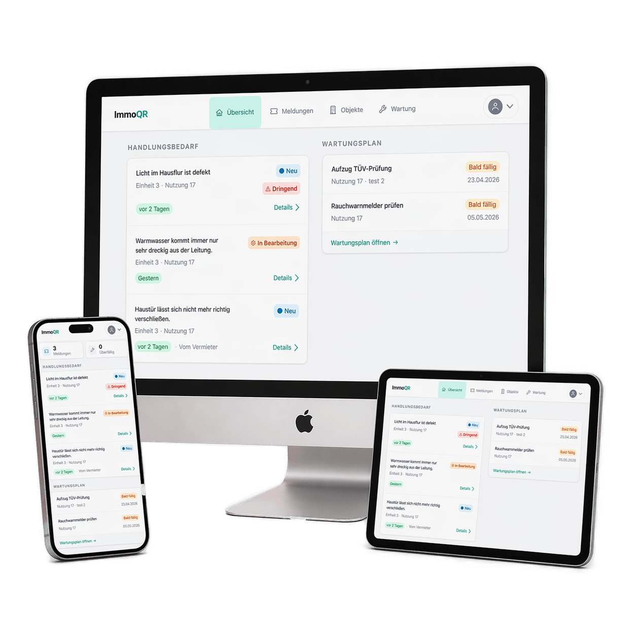 ImmoQR Dashboard-Vorschau, zentrale Schadensmeldungsübersicht für Vermieter